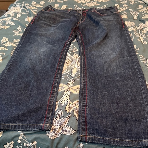 Men's Relaxed Fit Jeans in Dark Blue with Red Stitching - Picture 1 of 3
